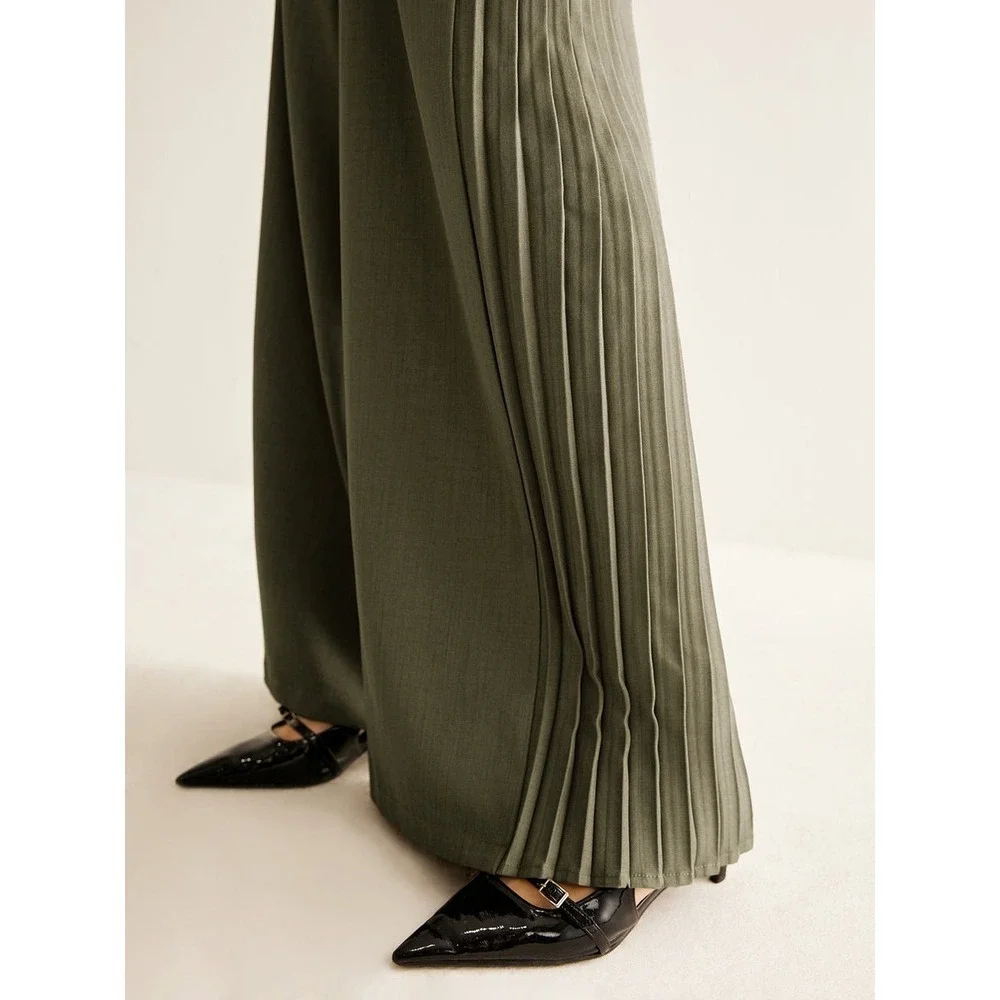 Commense Wide Leg Pleated ArmyGreen Trousers High Waist Palazzo Pants size S - Picture 5 of 15